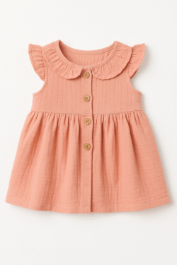 A beautiful pink frock for baby girls, made with soft cotton. Ideal for 6 to 24 months age group.